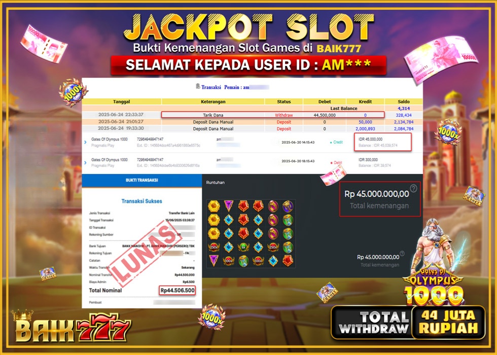 BAIK777 JACKPOT SLOT GATES OF OLYMPUS 1000 Rp.44.500.000.,- LUNAS