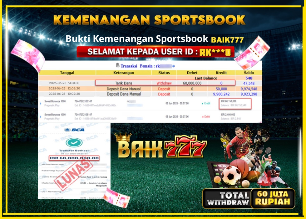BAIK777 KEMENANGAN SPORTSBOOK Rp.60.000.000.,- LUNAS