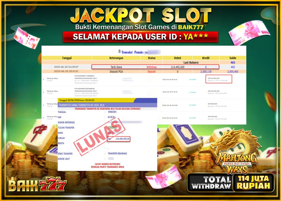 BAIK777 JACKPOT SLOT MAHJONG WAYS Rp.114.445.000.,- LUNAS