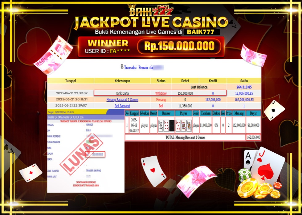 BAIK777 JACKPOT LIVE GAMES BACCARAT 2 GAMES Rp.150.000.000.,- LUNAS