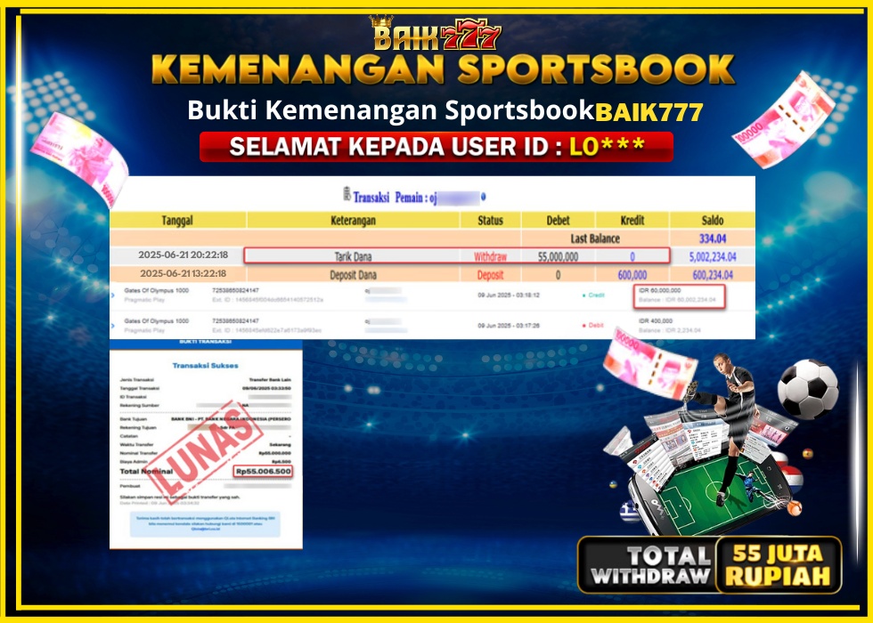 BAIK777 KEMENANGAN SPORTSBOOK Rp.55.000.000.,- LUNAS