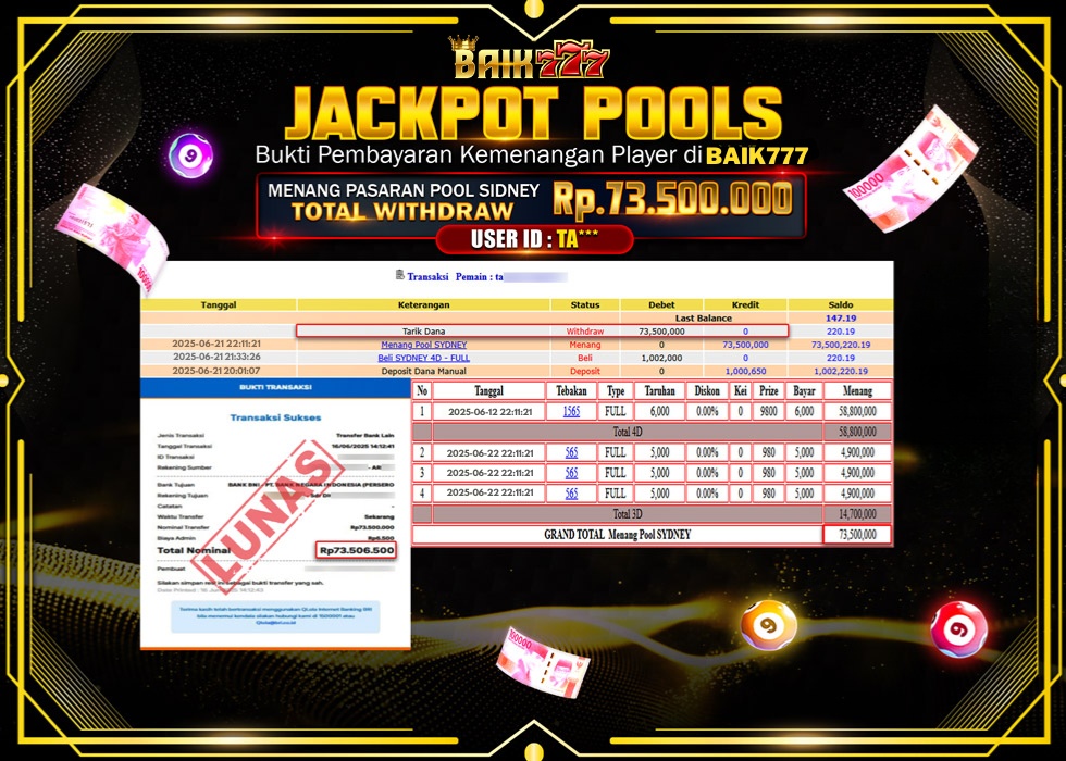 BAIK777 JACKPOT TOGEL POOL SIDNEY Rp.73.500.000.,- LUNAS