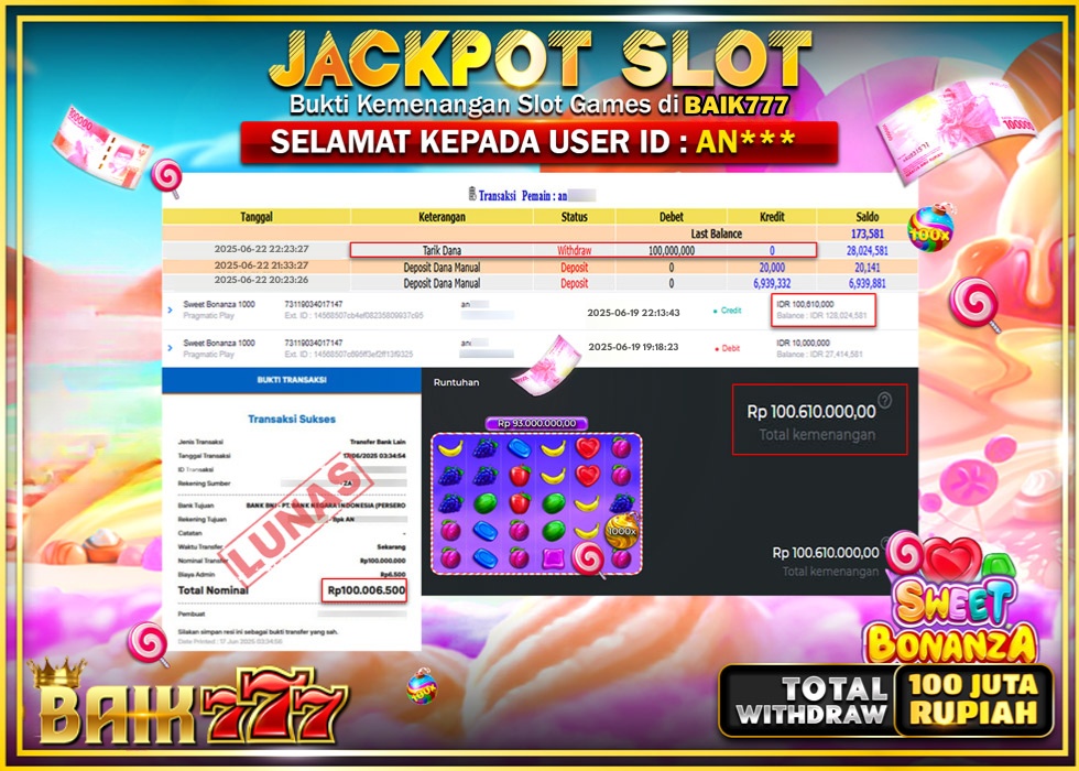BAIK777 JACKPOT SLOT SWEET BONANZA 1000 Rp.100.000.000.,- LUNAS