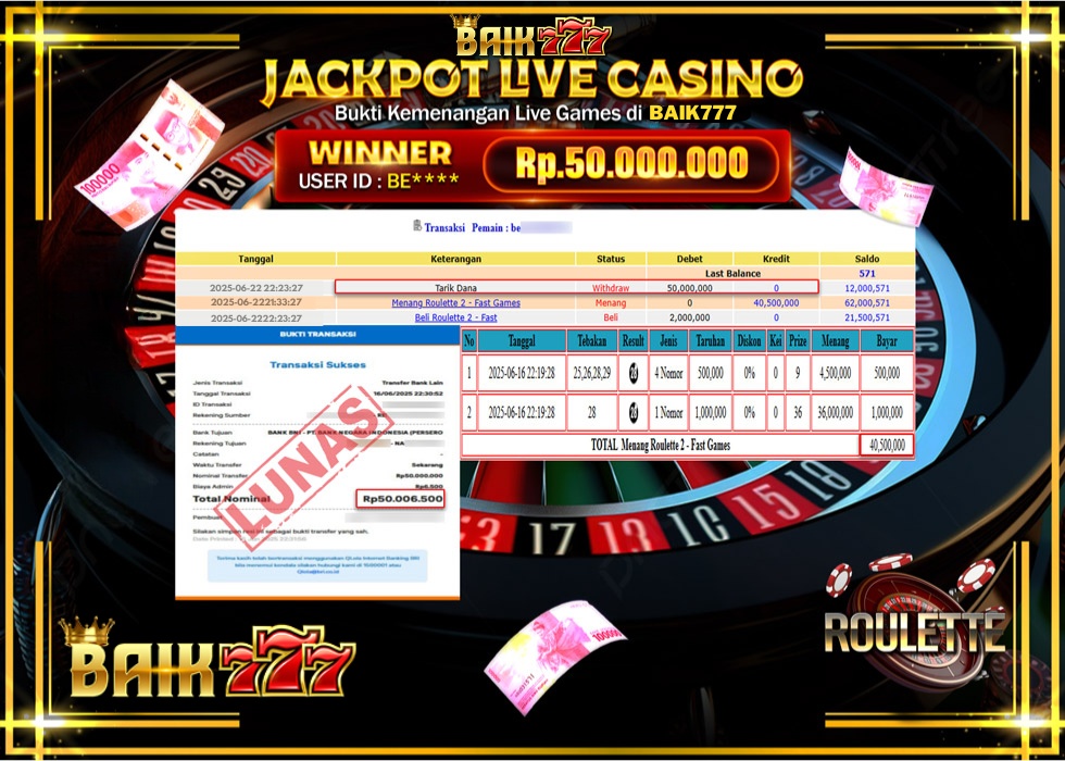 BAIK777 JACKPOT LIVE GAMES ROULETE 2 - FAST GAMES Rp.50.000.000.,- LUNAS