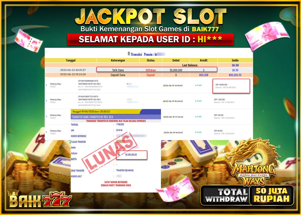BAIK777 JACKPOT SLOT MAHJONG WAYS Rp.50.000.000.,- LUNAS