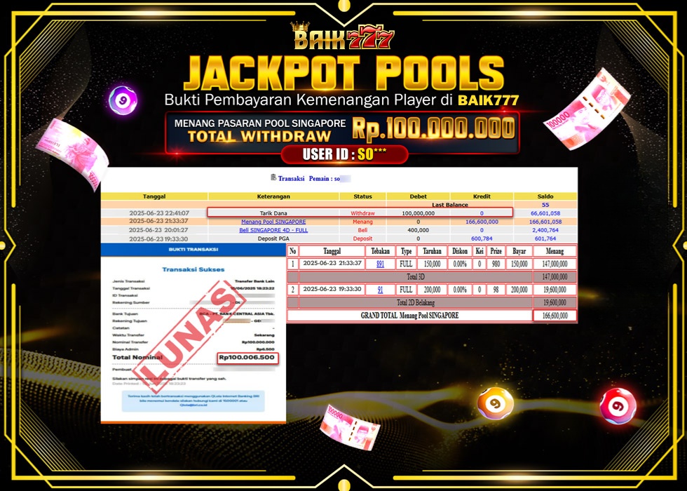 BAIK777 JACKPOT TOGEL POOL SINGAPORE Rp.100.000.000.,- LUNAS