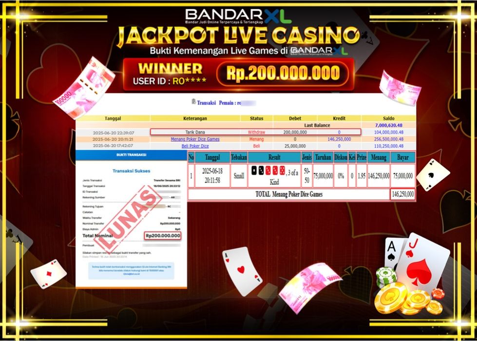 BANDARXL JACKPOT LIVE GAMES POKER DICE GAMES Rp.200.000.000.,- LUNAS