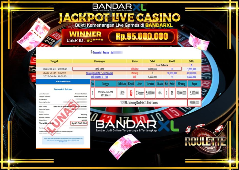 BANDARXL JACKPOT LIVE GAMES ROULETTE 2 FAST GAMES Rp.95.000.000.,- LUNAS