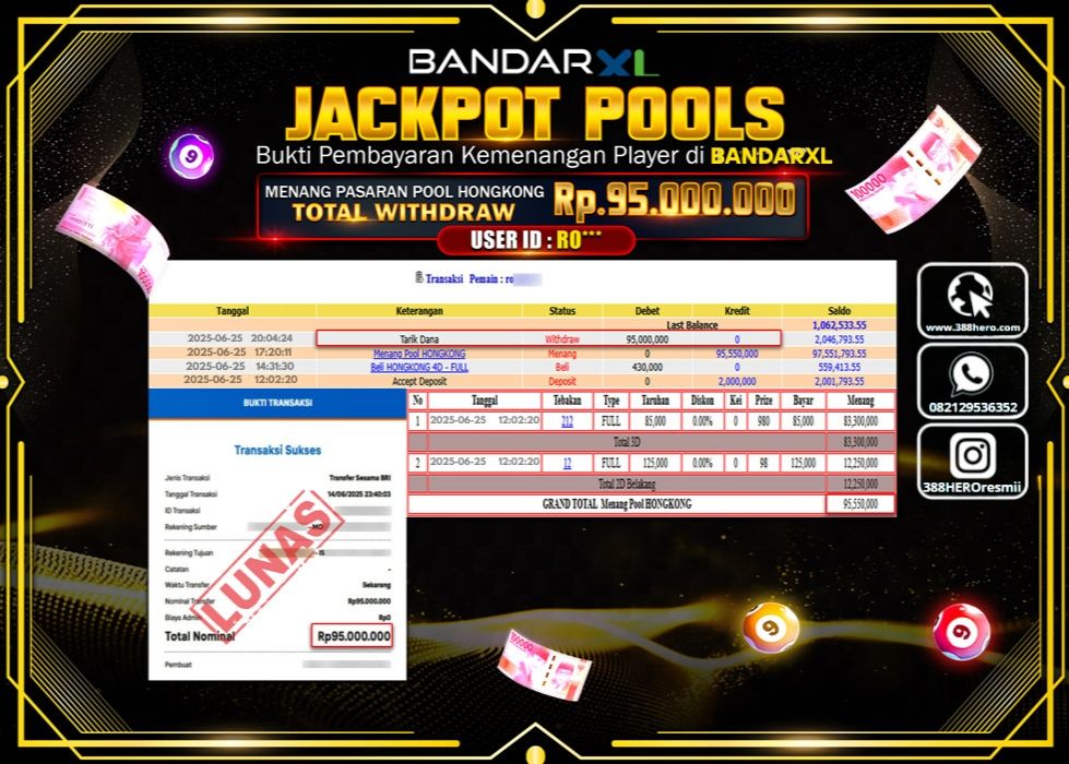 BANDARXL JACKPOT TOGEL POOL HONGKONG Rp.95.000.000.,- LUNAS