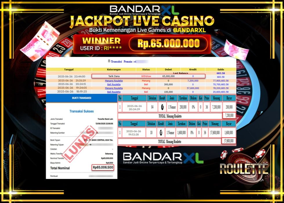 BANDARXL JACKPOT LIVE GAMES ROULETTE Rp.65.000.000.,- LUNAS