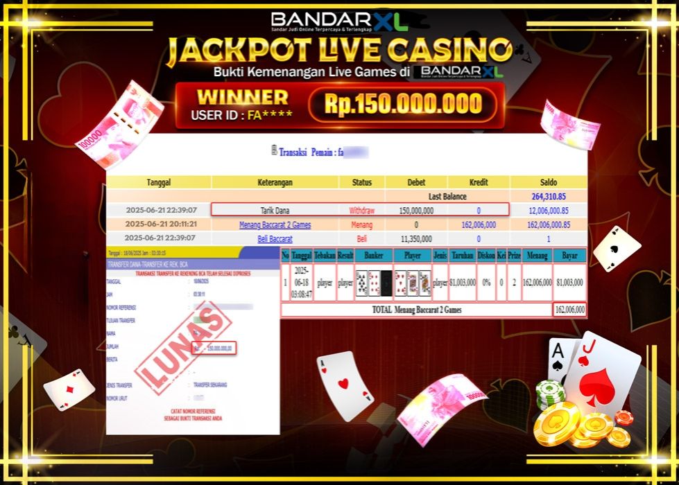 BANDARXL JACKPOT LIVE GAMES BACCARAT 2 GAMES Rp.150.000.000.,- LUNAS