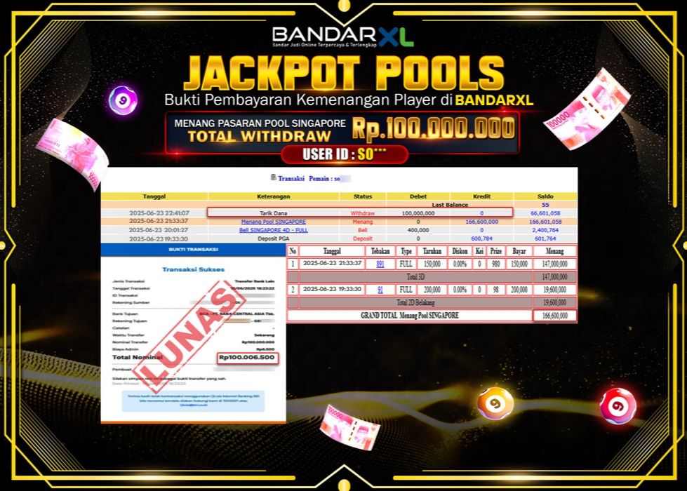 BANDARXL JACKPOT TOGEL POOL SINGAPORE Rp.100.000.000.,- LUNAS