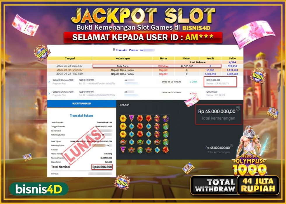 BISNIS4D JACKPOT SLOT GATES OF OLYMPUS 1000 Rp.44.500.000.,- LUNAS