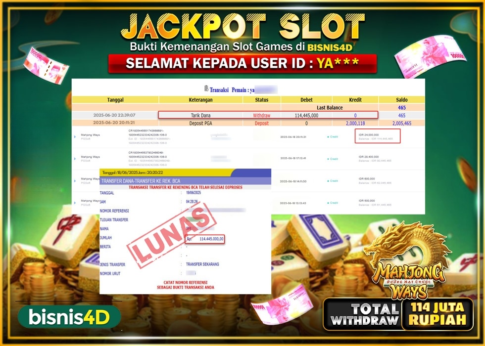 BISNIS4D JACKPOT SLOT MAHJONG WAYS Rp.114.445.000.,- LUNAS