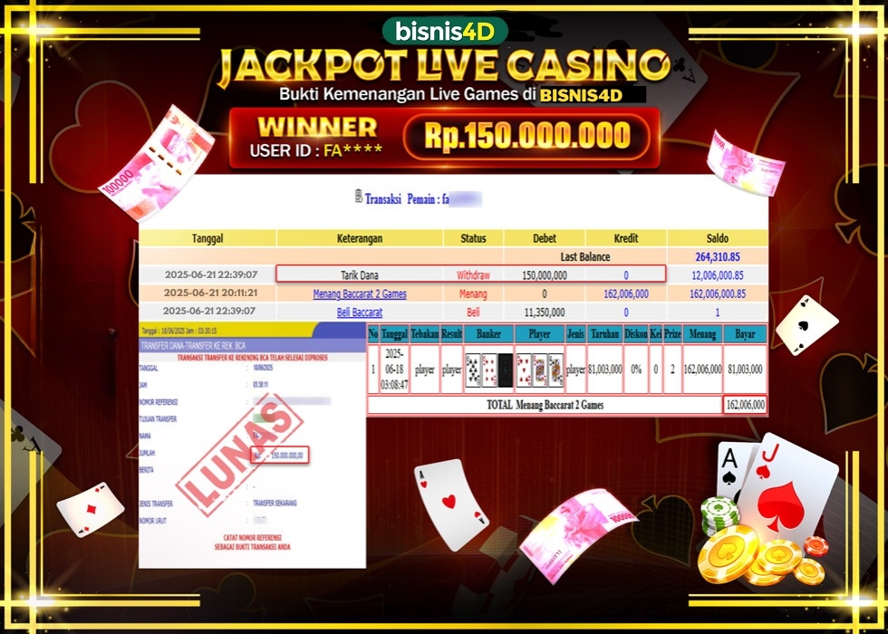 BISNIS4D JACKPOT LIVE GAMES BACCARAT 2 GAMES Rp.150.000.000.,- LUNAS