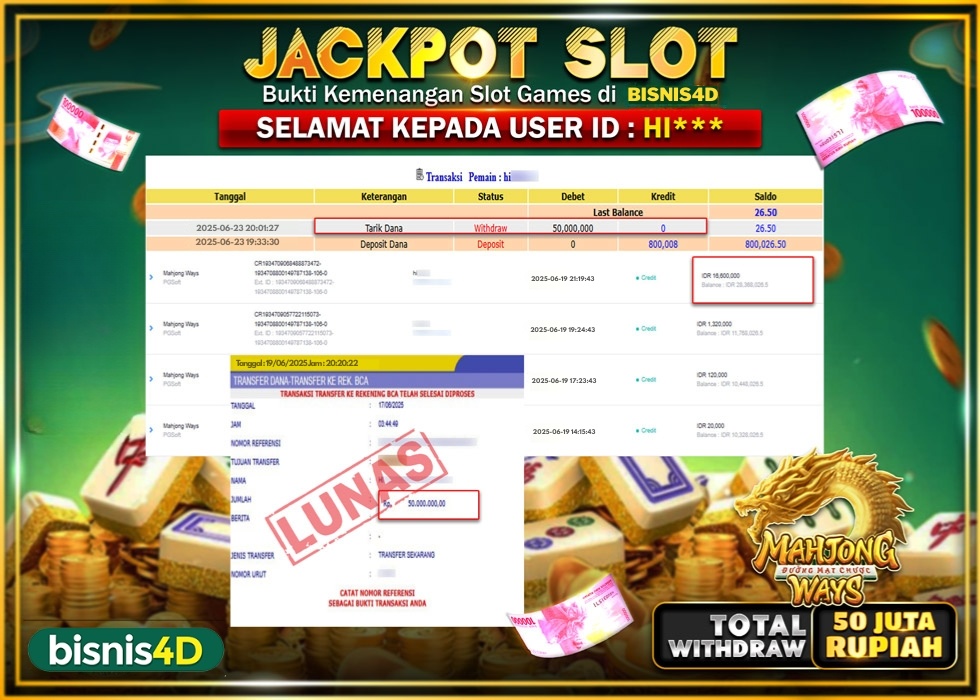 BISNIS4D JACKPOT SLOT MAHJONG WAYS Rp.50.000.000.,- LUNAS