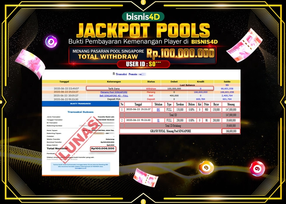 BISNIS4D JACKPOT TOGEL POOL SINGAPORE Rp.100.000.000.,- LUNAS