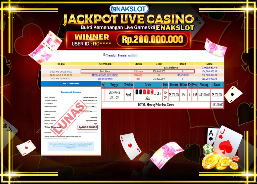 ENAKSLOT JACKPOT LIVE GAMES POKER DICE GAMES Rp.200.000.000.,- LUNAS