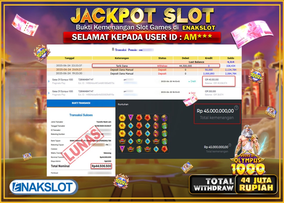 ENAKSLOT JACKPOT SLOT GATES OF OLYMPUS 1000 Rp.44.500.000.,- LUNAS