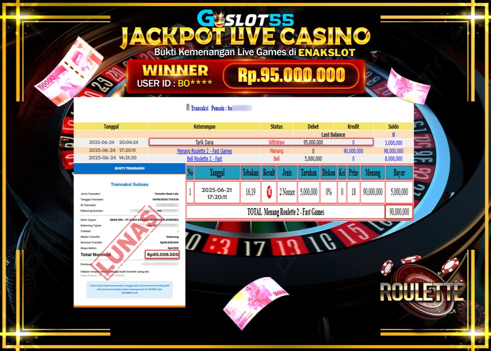ENAKSLOT JACKPOT LIVE GAMES ROULETTE 2 FAST GAMES Rp.95.000.000.,- LUNAS