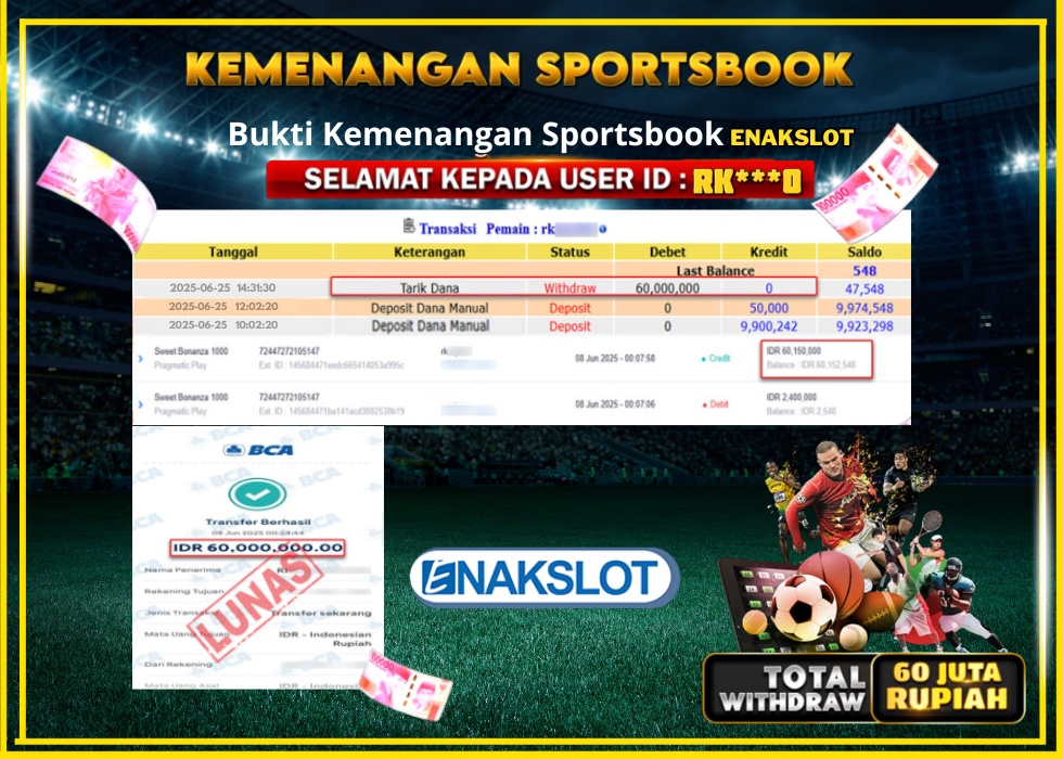 ENAKSLOT KEMENANGAN SPORTSBOOK Rp.60.000.000.,- LUNAS
