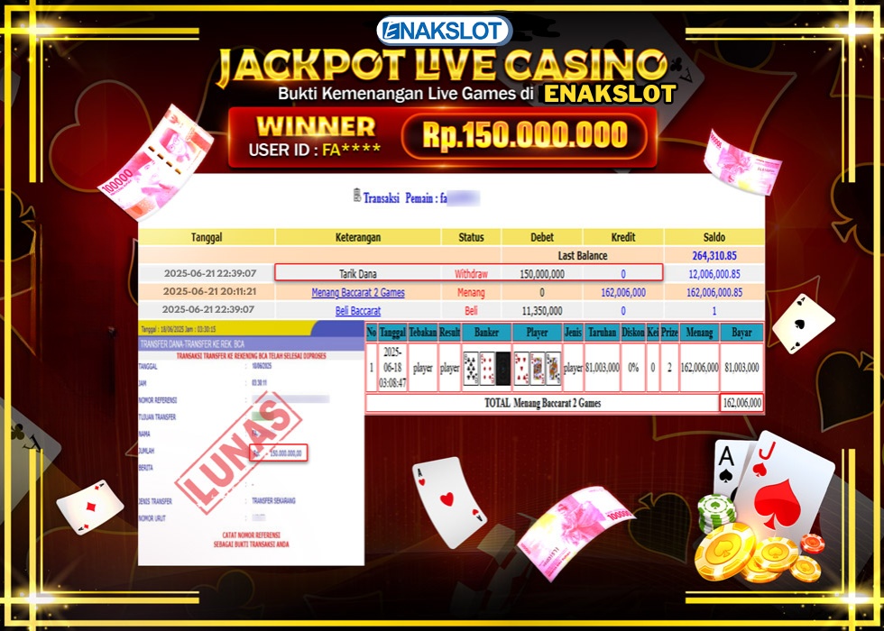 ENAKSLOT JACKPOT LIVE GAMES BACCARAT 2 GAMES Rp.150.000.000.,- LUNAS