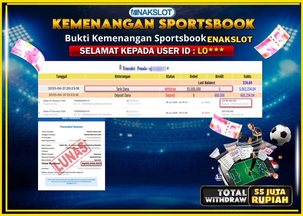 ENAKSLOT KEMENANGAN SPORTSBOOK Rp.55.000.000.,- LUNAS