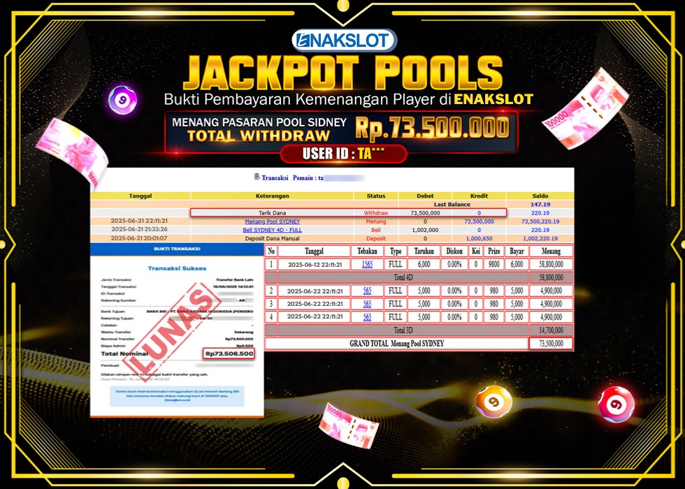 ENAKSLOT JACKPOT TOGEL POOL SIDNEY Rp.73.500.000.,- LUNAS