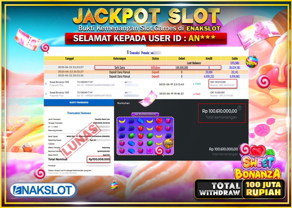ENAKSLOT JACKPOT SLOT SWEET BONANZA 1000 Rp.100.000.000.,- LUNAS