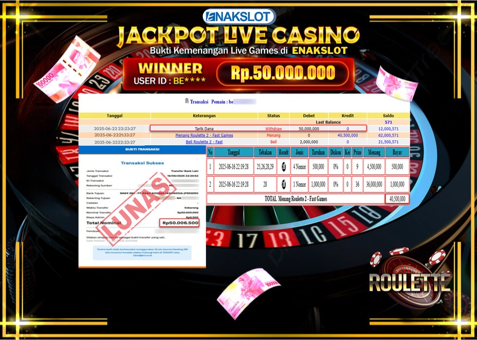 ENAKSLOT JACKPOT LIVE GAMES ROULETE 2 - FAST GAMES Rp.50.000.000.,- LUNAS