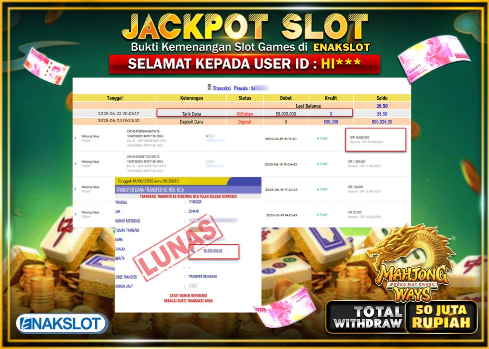 ENAKSLOT JACKPOT SLOT MAHJONG WAYS Rp.50.000.000.,- LUNAS