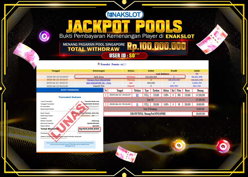ENAKSLOT JACKPOT TOGEL POOL SINGAPORE Rp.100.000.000.,- LUNAS
