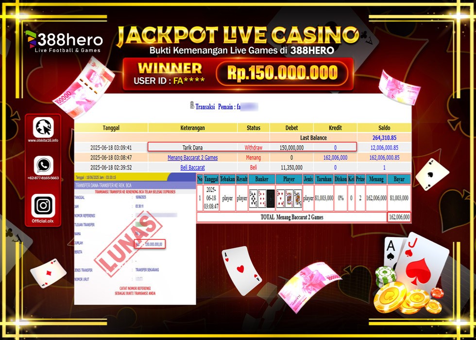 388HERO JACKPOT LIVE GAMES BACCARAT 2 GAMES Rp.150.000.000.,- LUNAS